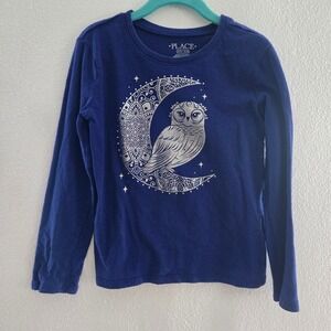 The Children's Place Girls Blue Owl Moon Silver Foil Graphic Long Sleeve Tee 5/6